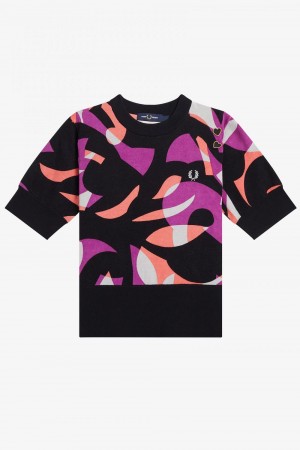 Fred Perry Abstract Short Sleeve Women's Jumper Black | WRIQN8437