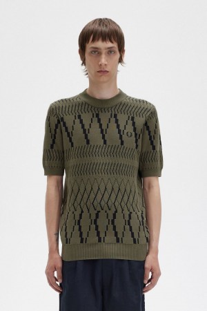 Fred Perry Argyle Panel Knitted Men's T-Shirt Uniform Green | UJRNO3850