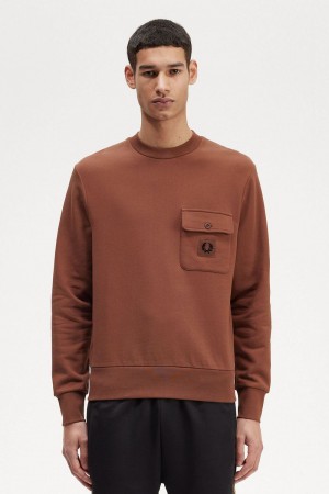 Fred Perry Badge Detail Crew Neck Men's Sweatshirts Whisky Brown | PQJYU7625