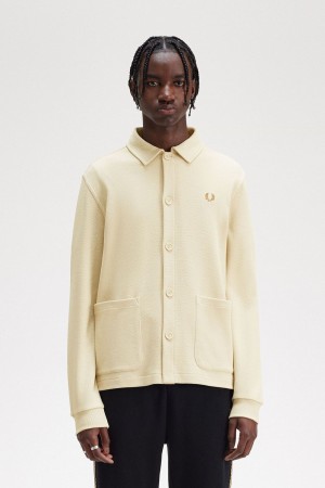 Fred Perry Button Through Long Sleeve Men's Polo Shirt Oatmeal | BROCL4285