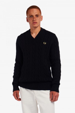 Fred Perry Cable Knit V Neck Men's Jumper Black | GYZEO0143