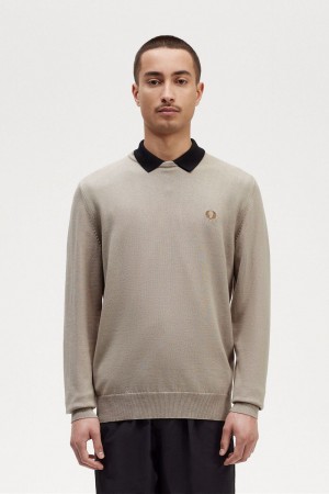 Fred Perry Classic Crew Neck Men's Jumper Dark Oatmeal | BXOHE4201