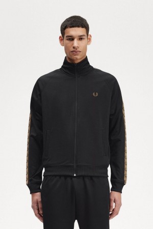 Fred Perry Contrast Tape Men's Track Jackets Black Brown | DSXBJ1632