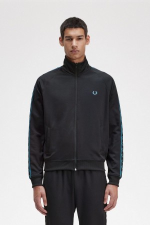 Fred Perry Contrast Tape Men's Track Jackets Black Cyber Blue | BDNSO1607