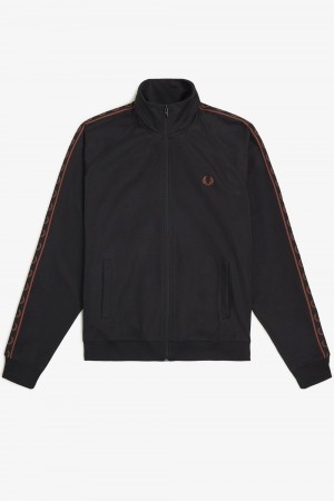 Fred Perry Contrast Tape Men's Track Jackets Black Whisky Brown | PHWVQ7639