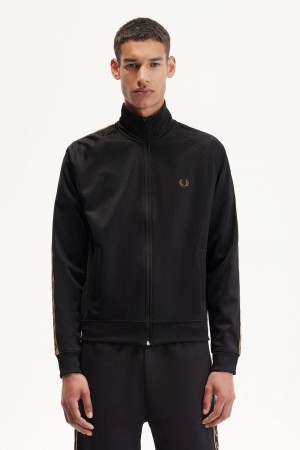 Fred Perry Contrast Tape Men's Track Jackets Black Green | MZWPG8451