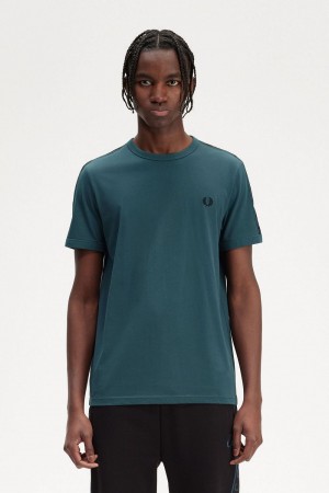 Fred Perry Contrast Tape Ringer Men's T-Shirt Petrol Blue Black | UPIVO0635