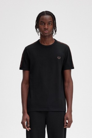 Fred Perry Contrast Tape Ringer Men's T-Shirt Black Whisky Brown | PJLIH8419