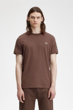 Fred Perry Contrast Tape Ringer Men's T-Shirt Dark Red Warm Grey | YJOEB7359