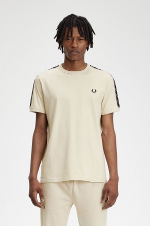 Fred Perry Contrast Tape Ringer Men's T-Shirt Oatmeal Warm Grey | YARFZ8367