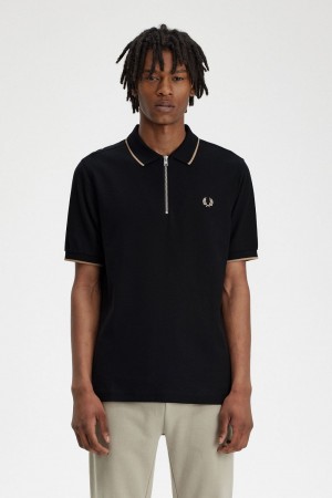 Fred Perry Crepe Pique Zip Neck Men's Polo Shirt Black | ANKMW6105