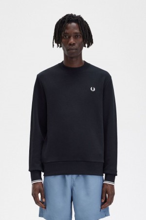 Fred Perry Crew Neck Men's Sweatshirts Black | SCZFQ5493