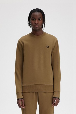 Fred Perry Crew Neck Men's Sweatshirts Brown Burnt Tobacco | MDXFI9186