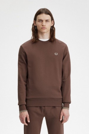 Fred Perry Crew Neck Men's Sweatshirts Dark Red Warm Grey | SOJYB3974