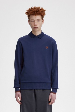 Fred Perry Crew Neck Men's Sweatshirts French Navy Whisky Brown | YJOUR5793