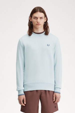 Fred Perry Crew Neck Men's Sweatshirts Light Aqua Midnight Blue | EANKS3859