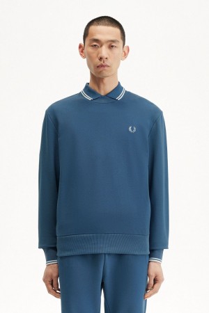 Fred Perry Crew Neck Men's Sweatshirts Midnight Blue Light Aqua | PTOXD1045