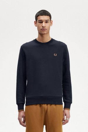 Fred Perry Crew Neck Men's Sweatshirts Navy Dark Coffee | ZLVRI0358