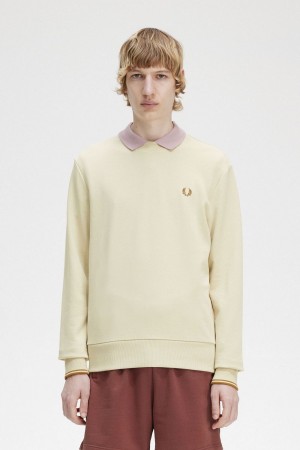 Fred Perry Crew Neck Men's Sweatshirts Oatmeal | JDWQS8057