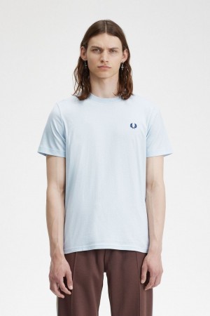 Fred Perry Crew Neck Men's T-Shirt Light Aqua Midnight Blue | YEJRU8413