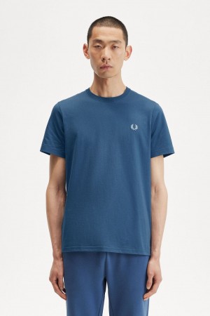 Fred Perry Crew Neck Men's T-Shirt Midnight Blue Light Aqua | OQRTE2809