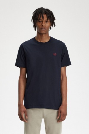 Fred Perry Crew Neck Men's T-Shirt Navy Burnt Red | KWSRL0417