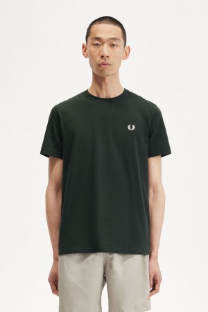 Fred Perry Crew Neck Men's T-Shirt Night Green Snow White | VWKUA7459