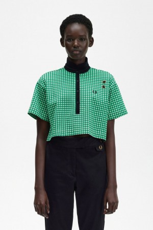 Fred Perry Cropped Gingham Piqué Women's Polo Shirt Green | FOHWT6529