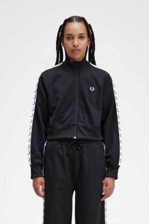 Fred Perry Cropped Taped Track Women's Jackets Black | BQPAZ8193