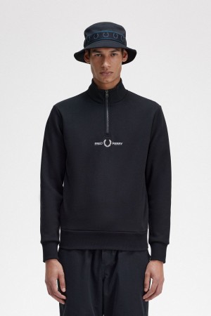 Fred Perry Embroidered Half Zip Men's Sweatshirts Black | FLMRD8015