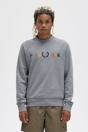 Fred Perry Embroidered Men's Sweatshirts Grey Marl Ash Blue Black | KQWXE7325