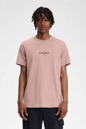 Fred Perry Embroidered Men's T-Shirt Dark Pink | UNFAH6514