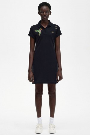 Fred Perry Embroidered Piqué Women's Dress Black | SJZMY1659