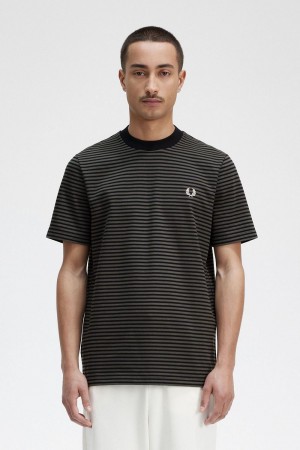 Fred Perry Fine Stripe Heavyweight Men's T-Shirt Black Field Green | TZKBD8395