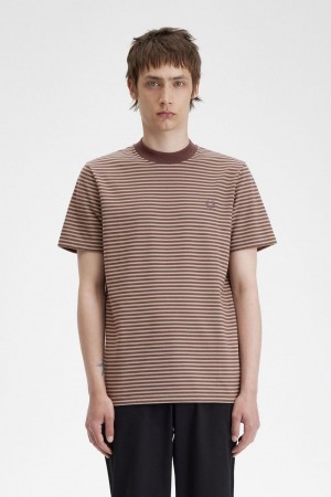 Fred Perry Fine Stripe Heavyweight Men's T-Shirt Dark Red Warm Grey | WLMOX2489