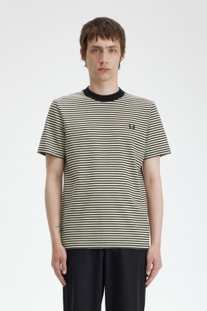 Fred Perry Fine Stripe Heavyweight Men's T-Shirt Oatmeal Black | HAGUW4218