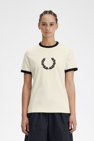 Fred Perry Flocked Laurel Wreath Women's T-Shirt Beige | JQPES0943