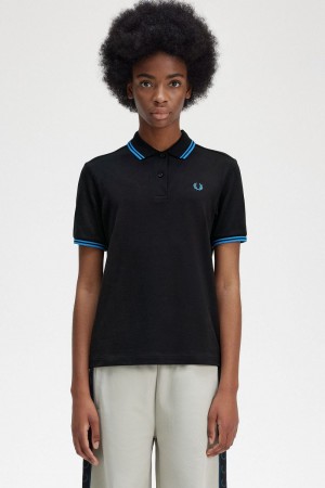 Fred Perry G3600 Women's Shirt Black Cyber Blue Cyber Blue | HRPEO4650