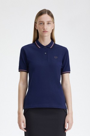 Fred Perry G3600 Women's Shirt French Navy Dusty Rose Pink Dark Red | YAVCO9752