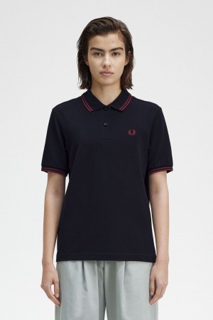 Fred Perry G3600 Women's Shirt Navy Oxblood Oxblood | IQGMO4268