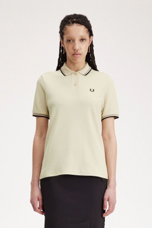 Fred Perry G3600 Women's Shirt Oatmeal Dark Pink Black | NFUBS7143