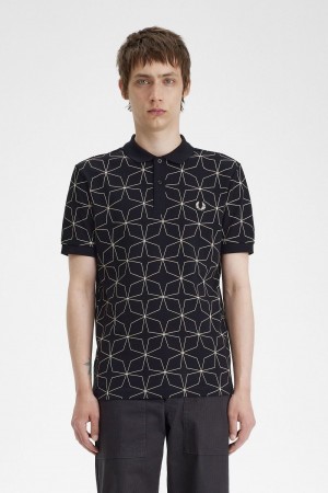 Fred Perry Geometric Men's Polo Shirt Black | YACJW2075