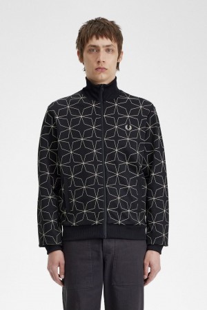 Fred Perry Geometric Print Men's Track Jackets Black | PQUJO2649