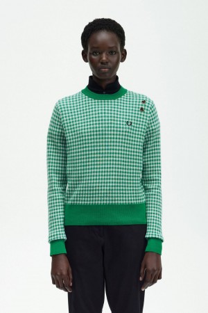 Fred Perry Gingham Women's Jumper Green | TBKZG5376