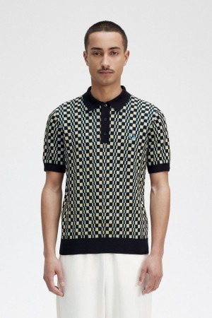 Fred Perry Glitch Chequerboard Knitted Men's Shirt Light Mint Black | AIYOU6104