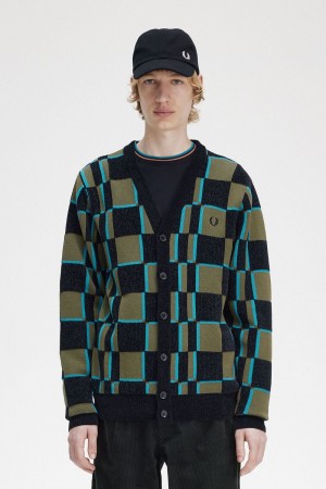 Fred Perry Glitch Chequerboard Men's Cardigan Uniform Green Black | IDLGT2468