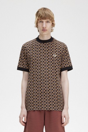 Fred Perry Glitch Chequerboard Men's T-Shirt Brown Navy | XSKQD5630