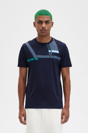 Fred Perry Glitch Print Men's T-Shirt Navy | HRIEG9562