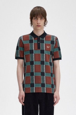 Fred Perry Glitch Tartan Men's Polo Shirt Whisky Brown | XIKEF2148