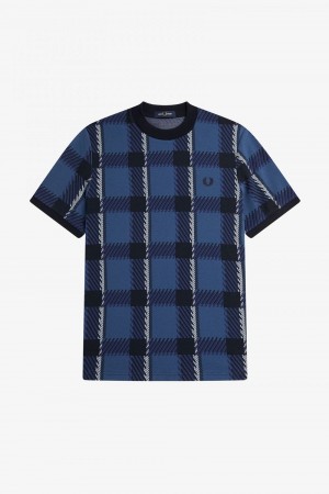 Fred Perry Glitch Tartan Men's T-Shirt Midnight Blue | BHJRG0984